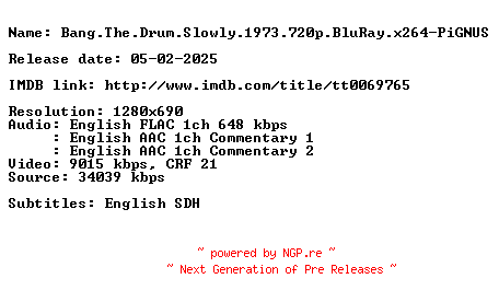 NFO for the release Bang.The.Drum.Slowly.1973.720p.BluRay.x264-PiGNUS by PiGNUS