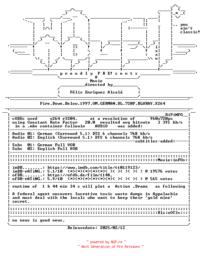 NFO for the release Fire.Down.Below.1997.OM.GERMAN.DL.720P.BLURAY.X264-WATCHABLE by WATCHABLE
