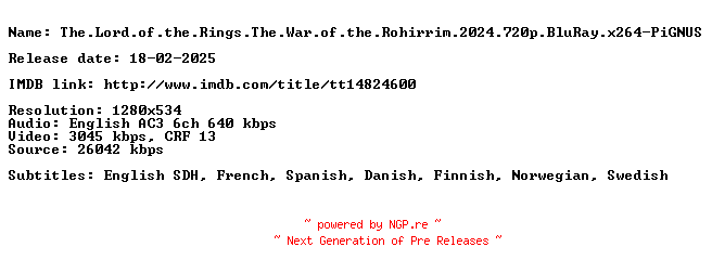 NFO for the release The.Lord.of.the.Rings.The.War.of.the.Rohirrim.2024.720p.BluRay.x264-PiGNUS by PiGNUS