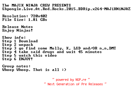 NFO for the release Shpongle.Live.At.Red.Rocks.2015.BDRip.x264-MAJiKNiNJAZ by MAJiKNiNJAZ