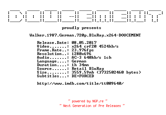 NFO for the release Walker.1987.German.720p.BluRay.x264-DOUCEMENT by DOUCEMENT