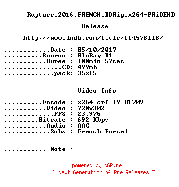 NFO for the release Rupture.2016.FRENCH.BDRip.x264-PRiDEHD by PRiDEHD
