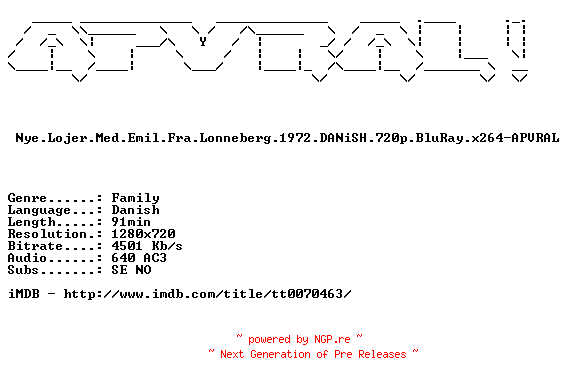 NFO for the release Nye.Lojer.Med.Emil.Fra.Lonneberg.1972.DANiSH.720p.BluRay.x264-APVRAL by APVRAL