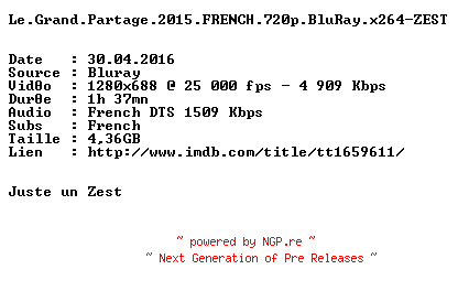 NFO for the release Le.Grand.Partage.2015.FRENCH.720p.BluRay.x264-ZEST by ZEST