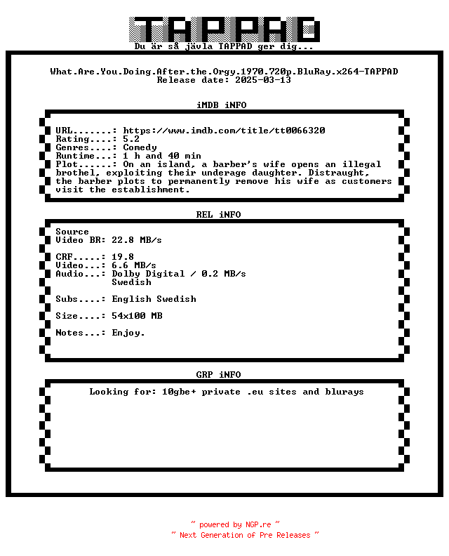 NFO for the release What.Are.You.Doing.After.the.Orgy.1970.720p.BluRay.x264-TAPPAD by TAPPAD