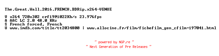 NFO for the release The.Great.Wall.2016.FRENCH.BDRip.x264-VENUE by VENUE