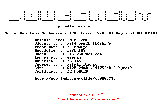 NFO for the release Merry.Christmas.Mr.Lawrence.1983.German.720p.BluRay.x264-DOUCEMENT by DOUCEMENT