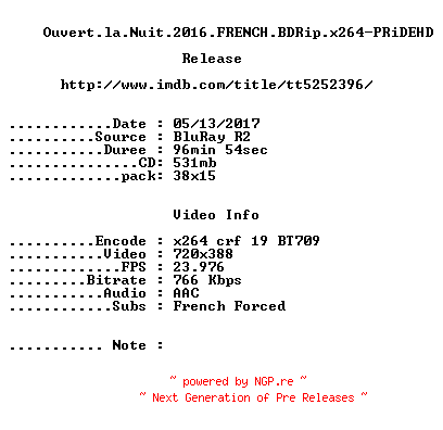 NFO for the release Ouvert.la.Nuit.2016.FRENCH.BDRip.x264-PRiDEHD by PRiDEHD