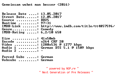 NFO for the release Gemeinsam.wohnt.man.besser.2016.German.720p.BluRay.x264-SPiCY by SPiCY
