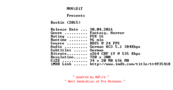 NFO for the release Baskin.German.2015.AC3.BDRip.x264-MOViEiT by MOViEiT