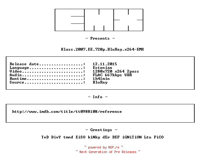 NFO for the release Klass.2007.EE.720p.BluRay.x264-EMX by EMX