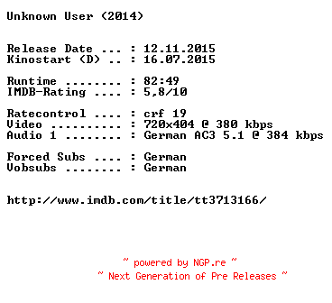 NFO for the release Unknown.User.German.2014.AC3.BDRiP.x264-EXQUiSiTE by EXQUiSiTE