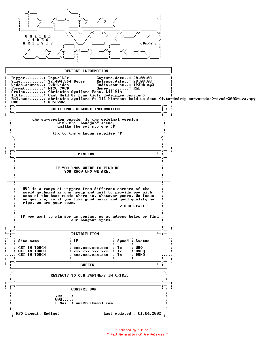 NFO for the release Christina_aguilera_ft_lil_kim-cant_hold_us_down_(ivtc-dvdrip_eu-version)-svcd-2003-uva by uva