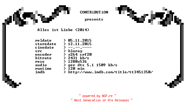 NFO for the release Alles.ist.Liebe.2014.German.720p.BluRay.x264-CONTRiBUTiON by CONTRiBUTiON