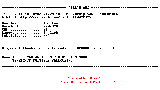 NFO for the release Truck.Turner.1974.iNTERNAL.BDRip.x264-LiBRARiANS by LiBRARiANS