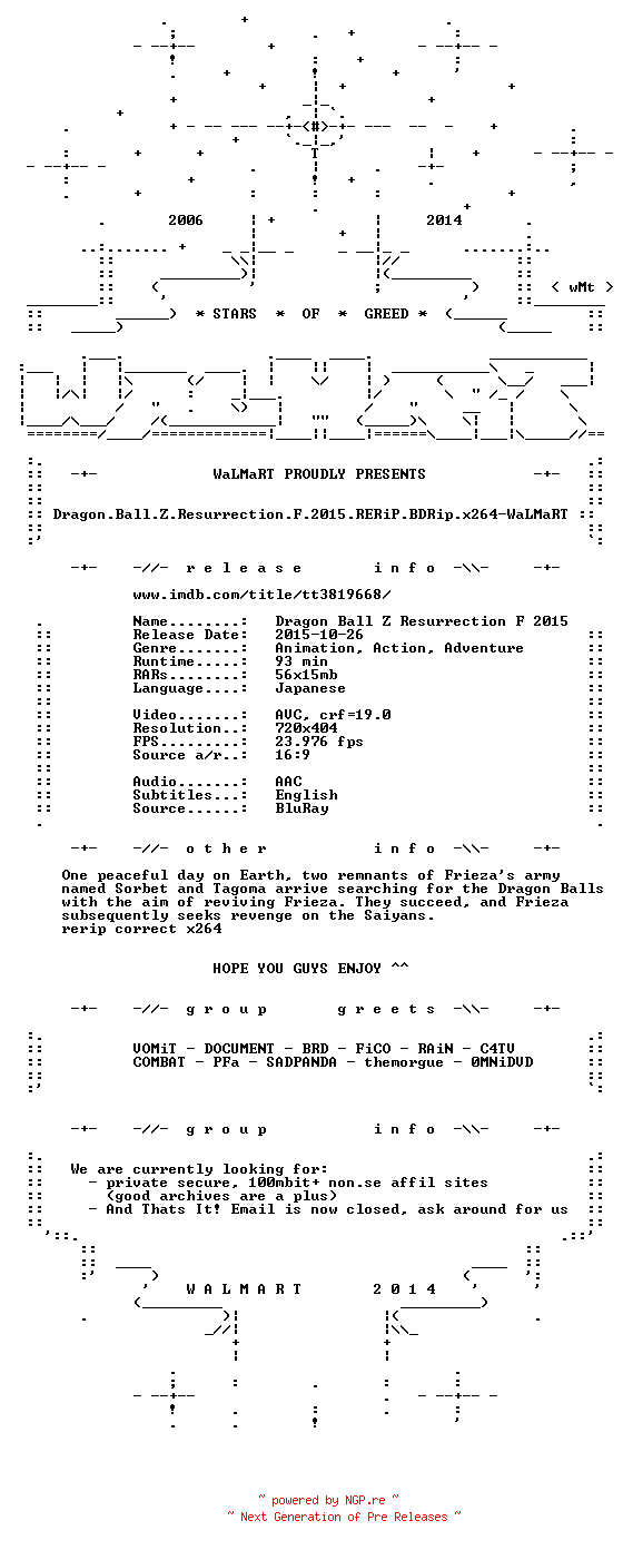 NFO for the release Dragon.Ball.Z.Resurrection.F.2015.RERiP.BDRip.x264-WaLMaRT by WaLMaRT