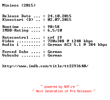 NFO for the release Minions.German.2015.AC3.BDRiP.x264-EXQUiSiTE by EXQUiSiTE