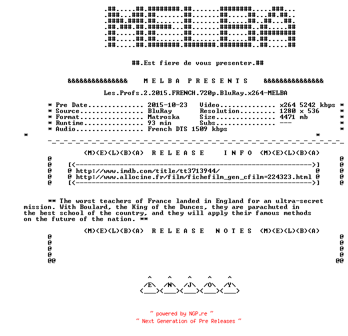 NFO for the release Les.Profs.2.2015.FRENCH.720p.BluRay.x264-MELBA by MELBA