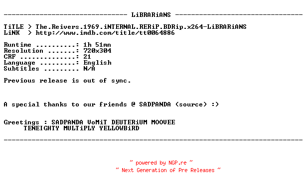 NFO for the release The.Reivers.1969.iNTERNAL.RERiP.BDRip.x264-LiBRARiANS by LiBRARiANS