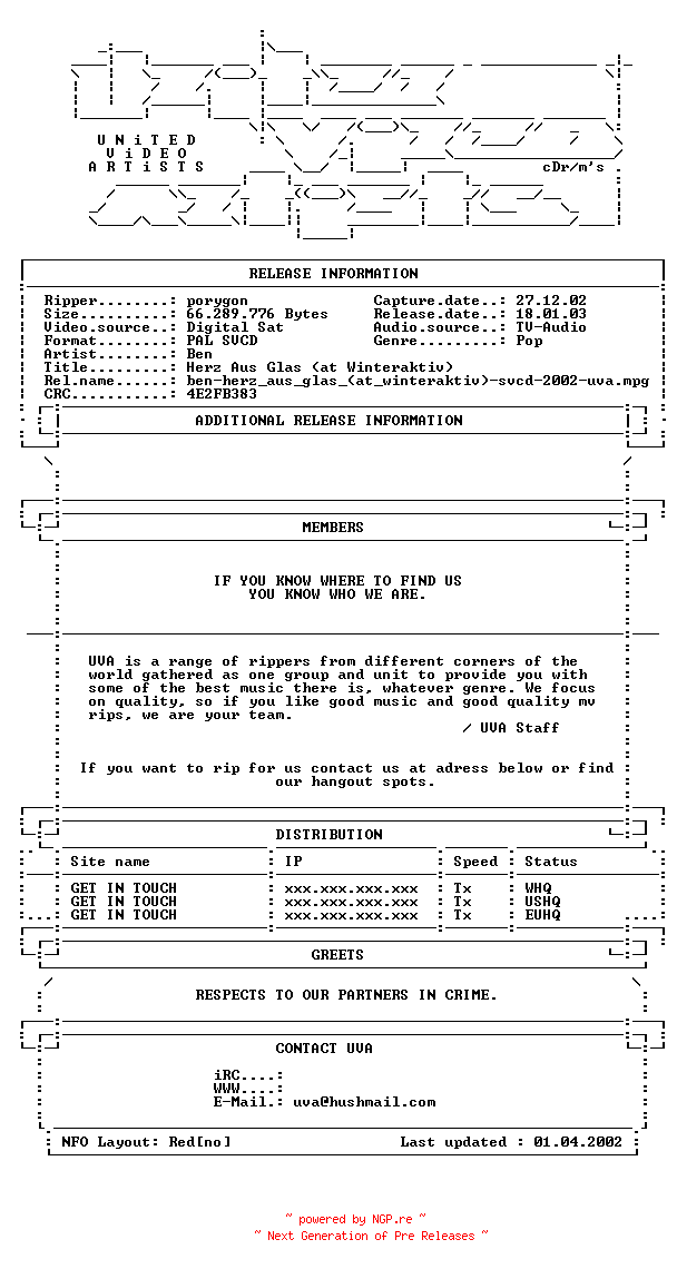 NFO for the release Ben-herz_aus_glas_(at_winteraktiv)-svcd-2002-uva by uva