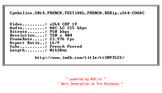 NFO for the release Cymbeline.2014.FRENCH.FESTiVAL.FRENCH.BDRip.x264-COUAC by COUAC