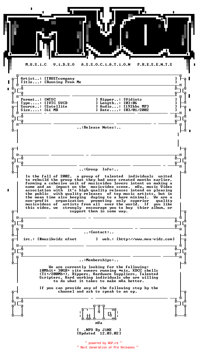 NFO for the release Trustcompany-running_from_me-ivtc_svcd-Vidiotz-mVa by mVa