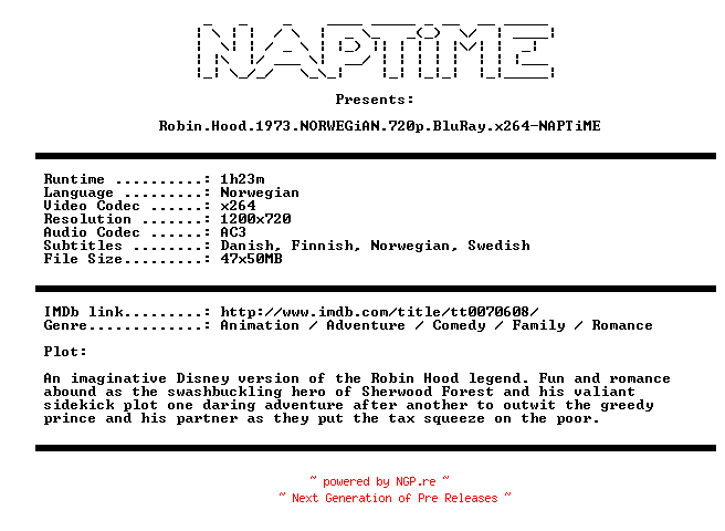 NFO for the release Robin.Hood.1973.NORWEGiAN.720p.BluRay.x264-NAPTiME by NAPTiME