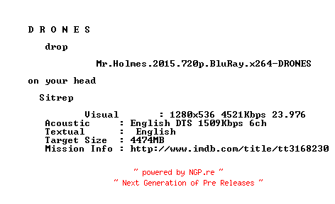 NFO for the release Mr.Holmes.2015.720p.BluRay.x264-DRONES by DRONES