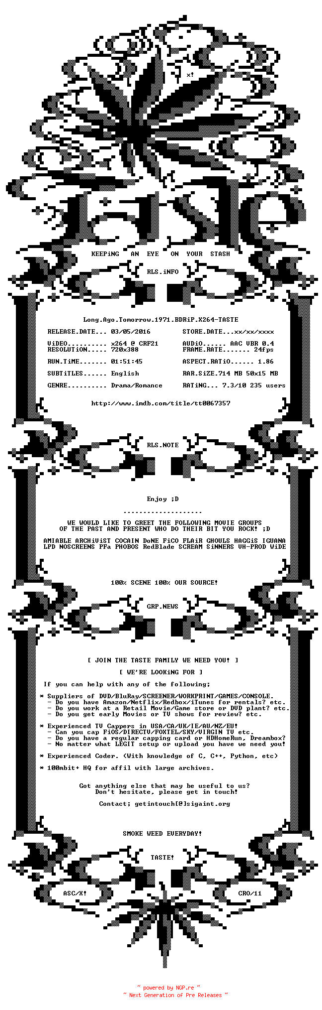 NFO for the release Long.Ago.Tomorrow.1971.BDRiP.X264-TASTE by TASTE