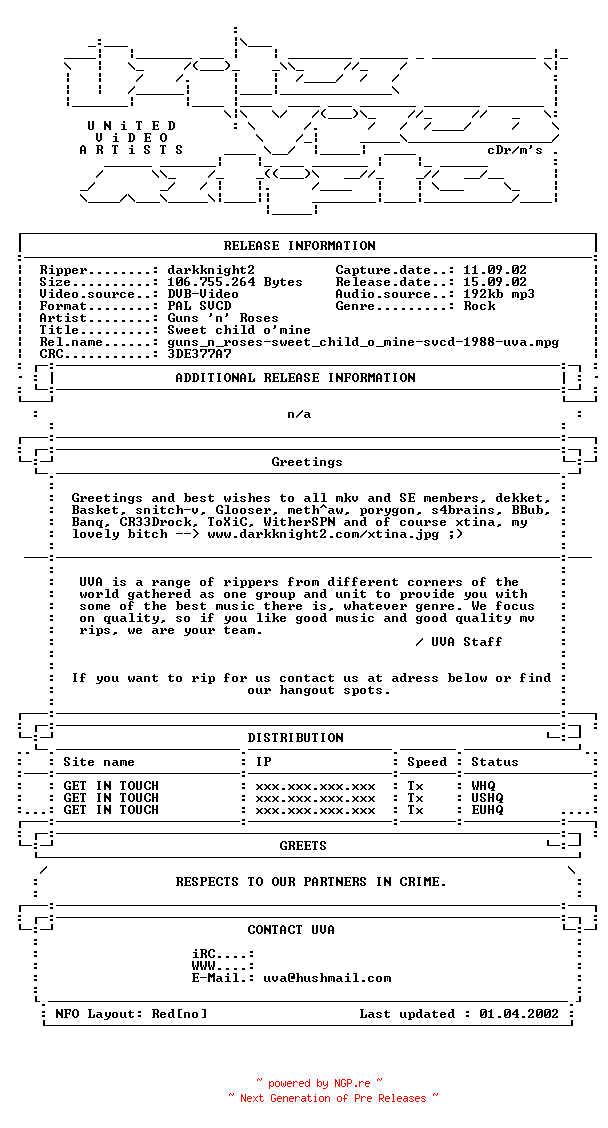 NFO for the release Guns_n_roses-sweet_child_o_mine-svcd-1988-uva by uva