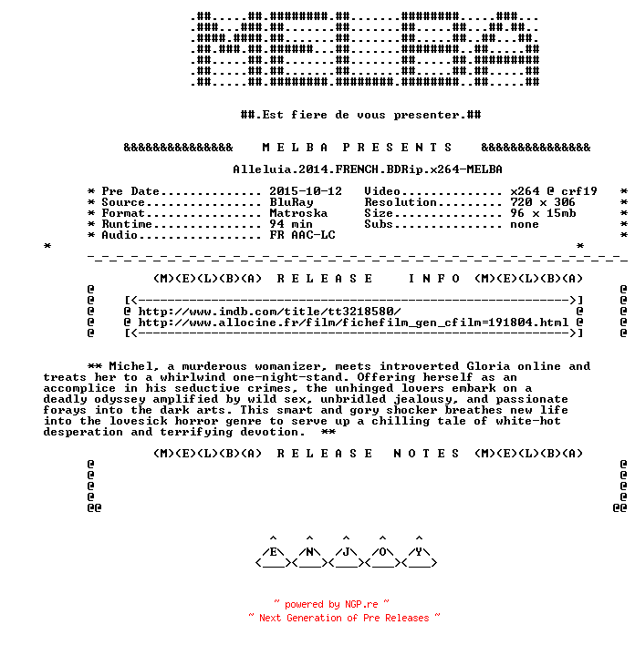 NFO for the release Alleluia.2014.FRENCH.BDRip.x264-MELBA by MELBA