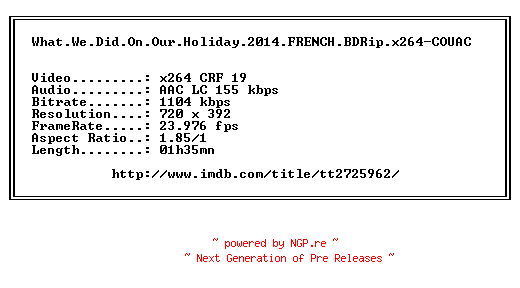 NFO for the release What.We.Did.On.Our.Holiday.2014.FRENCH.BDRip.x264-COUAC by COUAC