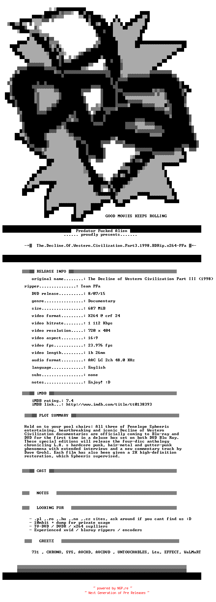 NFO for the release The.Decline.Of.Western.Civilization.Part3.1998.BDRip.x264-PFa by PFa