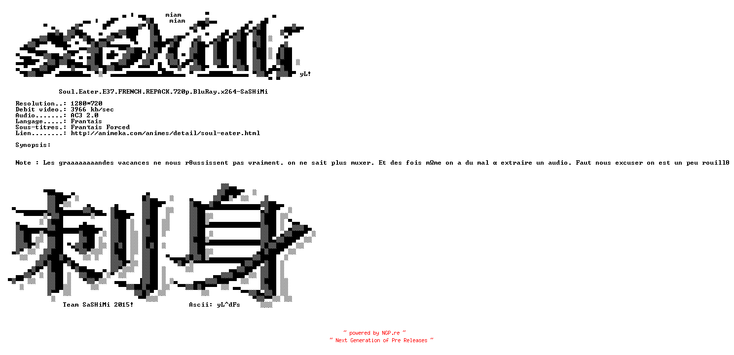 NFO for the release Soul.Eater.E37.FRENCH.REPACK.720p.BluRay.x264-SaSHiMi by SaSHiMi