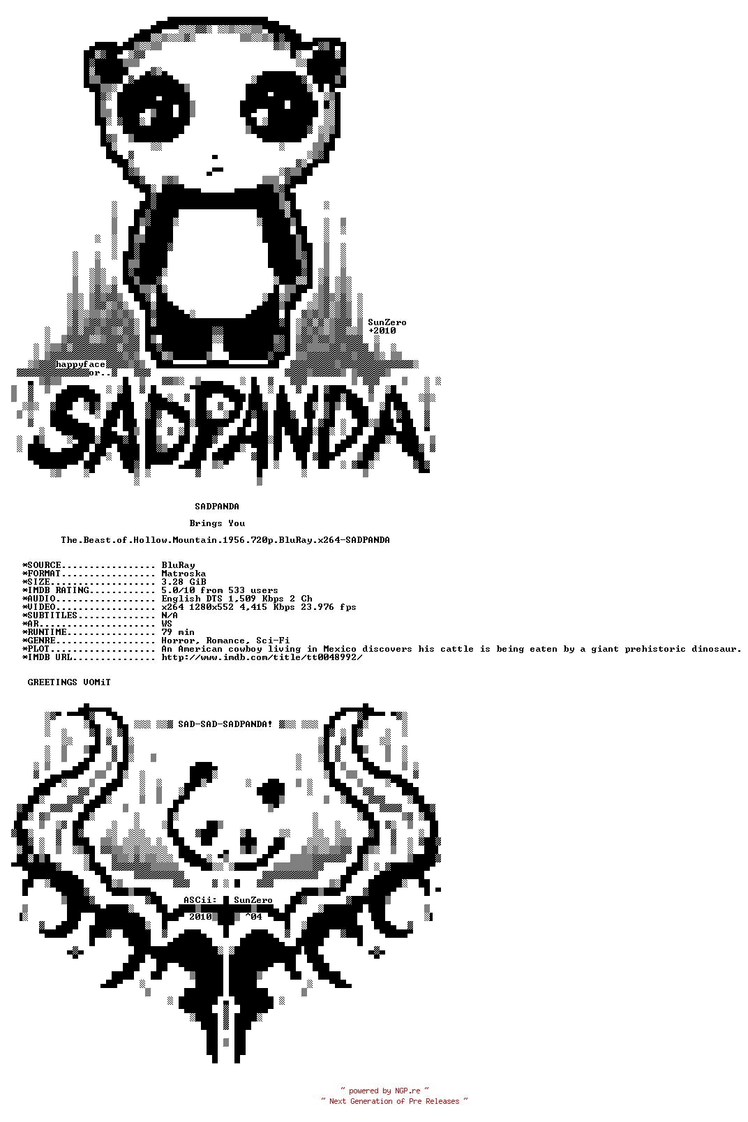 NFO for the release The.Beast.of.Hollow.Mountain.1956.720p.BluRay.x264-SADPANDA by SADPANDA