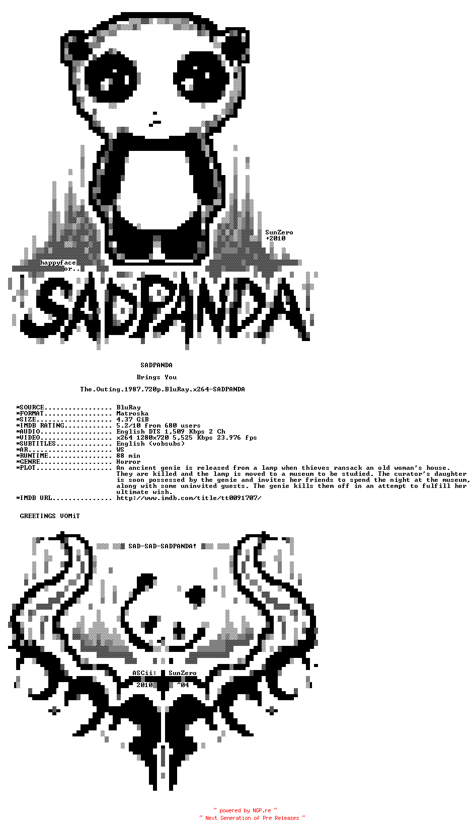 NFO for the release The.Outing.1987.720p.BluRay.x264-SADPANDA by SADPANDA