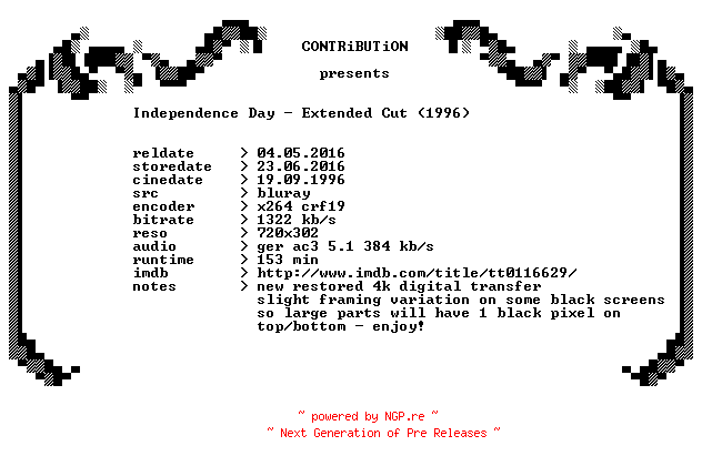 NFO for the release Independence.Day.1996.Extended.German.BDRip.x264-CONTRiBUTiON by CONTRiBUTiON