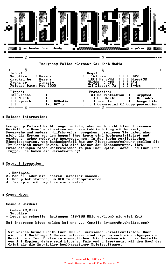 NFO for the release Emergency.Police.GERMAN-DYNASTY by DYNASTY