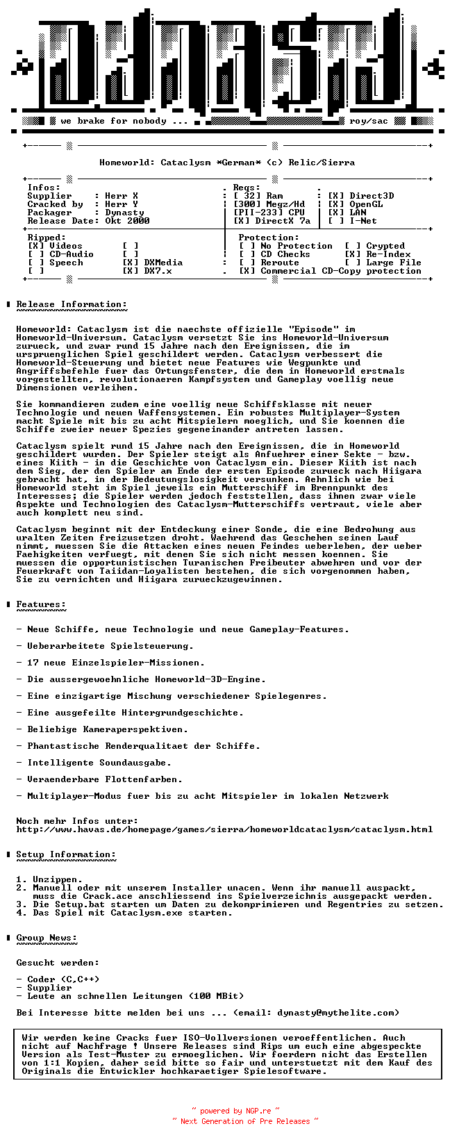 NFO for the release Homeworld.Cataclysm.GERMAN-DYNASTY by DYNASTY
