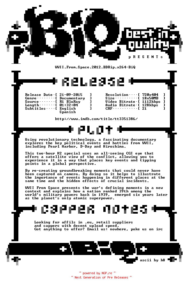 NFO for the release WWII.From.Space.2012.BDRip.x264-BiQ by BiQ