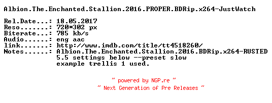 NFO for the release Albion.The.Enchanted.Stallion.2016.PROPER.BDRip.x264-JustWatch by JustWatch