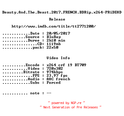 NFO for the release Beauty.And.The.Beast.2017.FRENCH.BDRip.x264-PRiDEHD by PRiDEHD