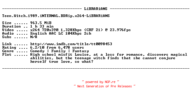 NFO for the release Teen.Witch.1989.iNTERNAL.BDRip.x264-LiBRARiANS by LiBRARiANS
