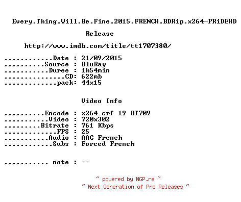 NFO for the release Every.Thing.Will.Be.Fine.2015.FRENCH.BDRip.x264-PRiDEHD by PRiDEHD
