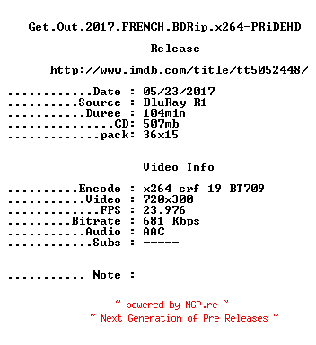 NFO for the release Get.Out.2017.FRENCH.BDRip.x264-PRiDEHD by PRiDEHD