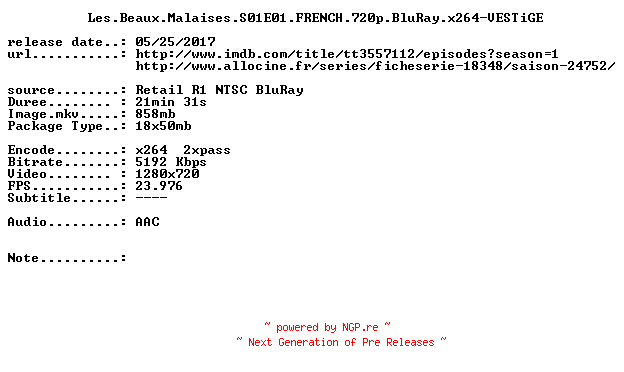 NFO for the release Les.Beaux.Malaises.S01.Les.Beaux.Petis.Malaises.FRENCH.720p.BluRay.x264-VESTiGE by VESTiGE