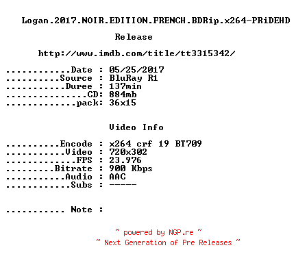 NFO for the release Logan.2017.NOIR.EDITION.FRENCH.BDRip.x264-PRiDEHD by PRiDEHD