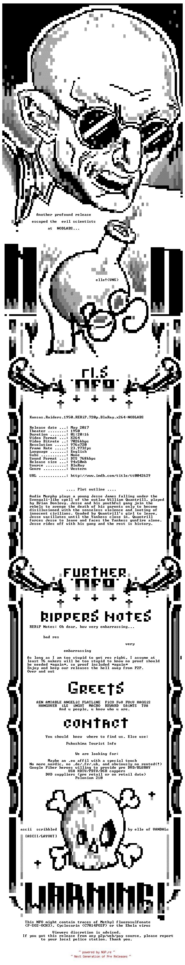 NFO for the release Kansas.Raiders.1950.RERiP.720p.BluRay.x264-NODLABS by NODLABS