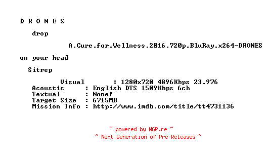 NFO for the release A.Cure.for.Wellness.2016.720p.BluRay.x264-DRONES by DRONES