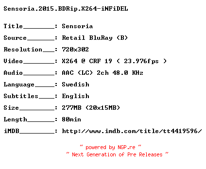 NFO for the release Sensoria.2015.BDRip.X264-iNFiDEL by iNFiDEL